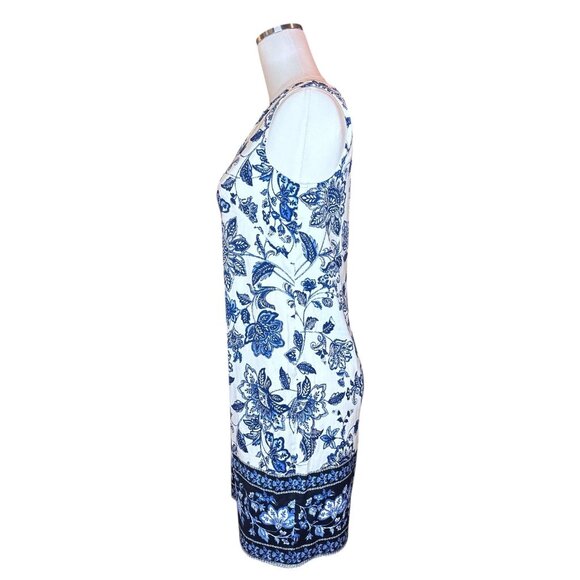 Boho Blue Floral Border Print Shift Dress Size 6 Sleeveless Summer Mediterranean - Picture 10 of 16